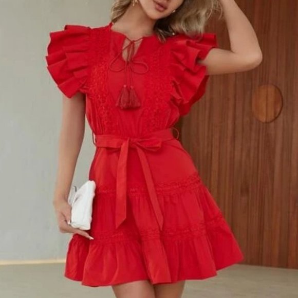 , Dresses & Skirts - Butterfly Sleeve Lace Panel Tassel Tie Neck Ruffle Hem Belted mini Dress